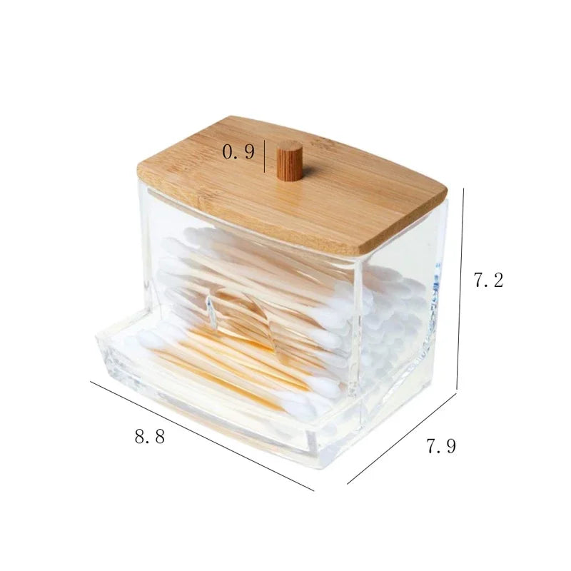 Cotton Swab & Toothpick Organizer Box – Transparent Bamboo Lid