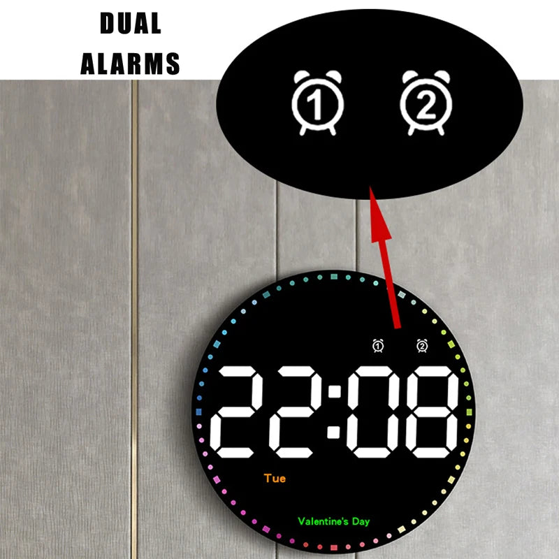 LED Wall Clock – Dual Alarms, Calendar & Temp