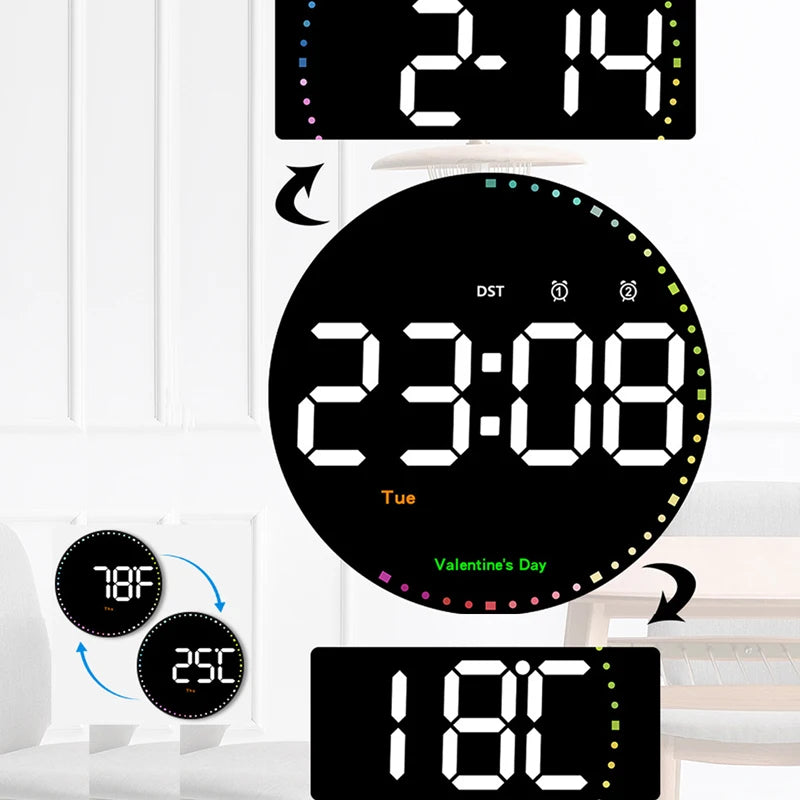 LED Wall Clock – Dual Alarms, Calendar & Temp