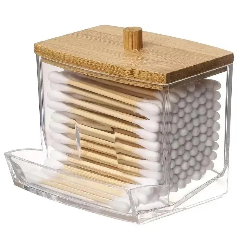 Cotton Swab & Toothpick Organizer Box – Transparent Bamboo Lid
