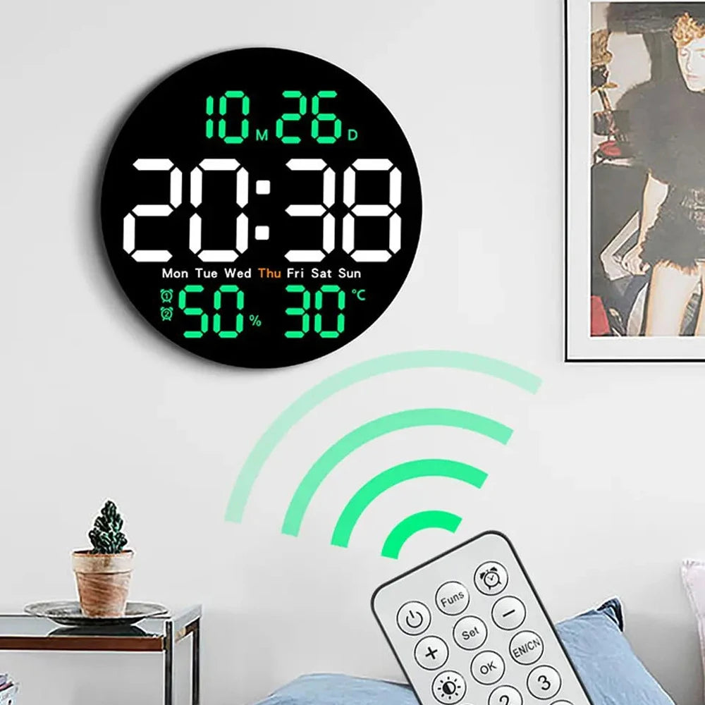 LED Wall Clock – Dual Alarms, Calendar & Temp