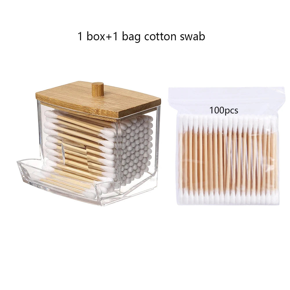 Cotton Swab & Toothpick Organizer Box – Transparent Bamboo Lid