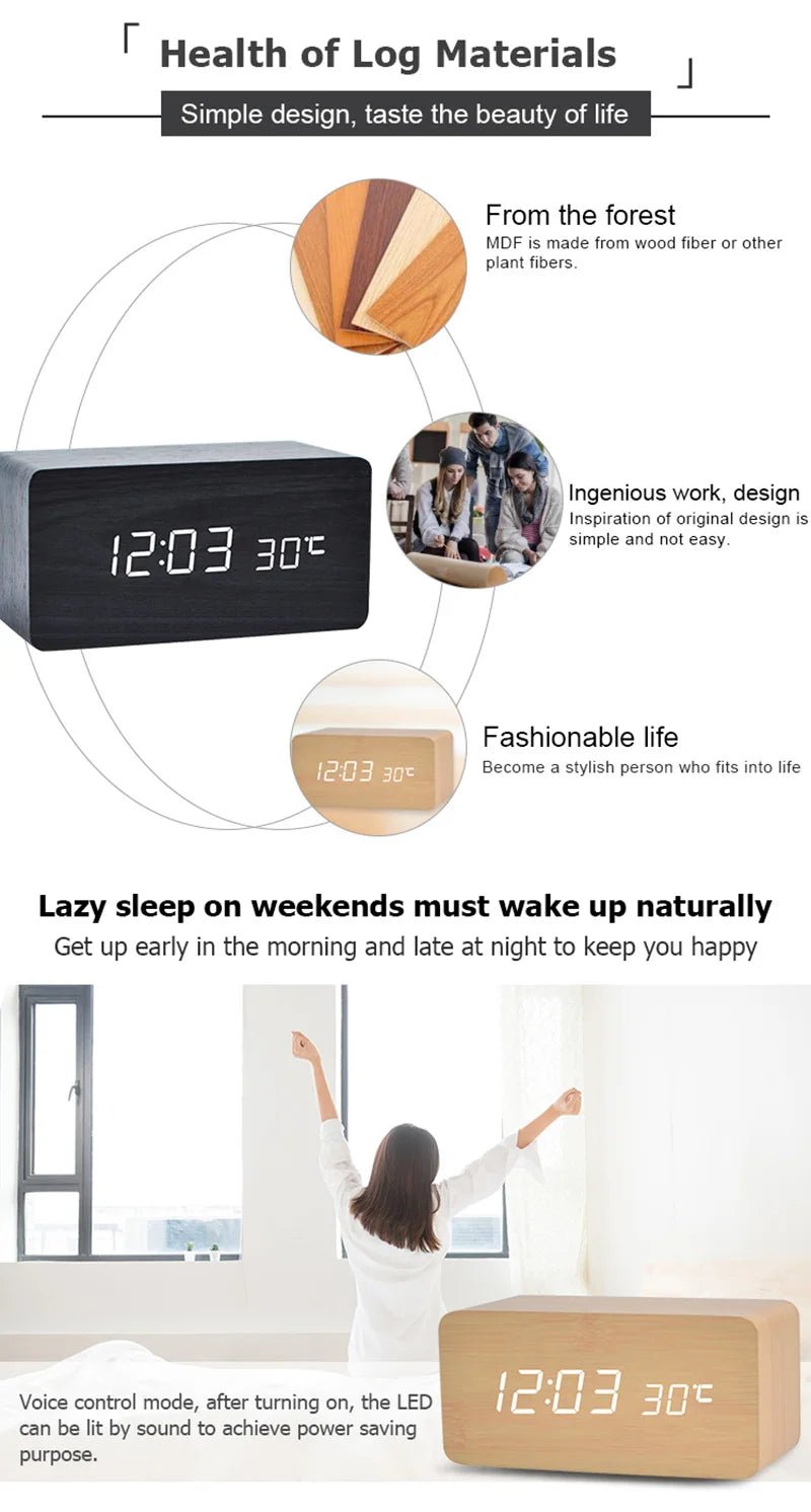 Wooden LED Digital Alarm Clock – Modern & Stylish Design