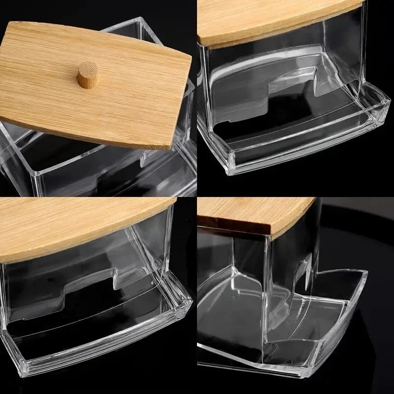 Cotton Swab & Toothpick Organizer Box – Transparent Bamboo Lid