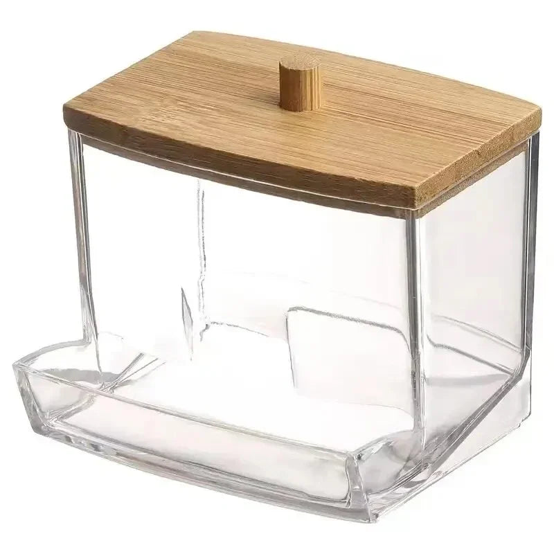 Cotton Swab & Toothpick Organizer Box – Transparent Bamboo Lid