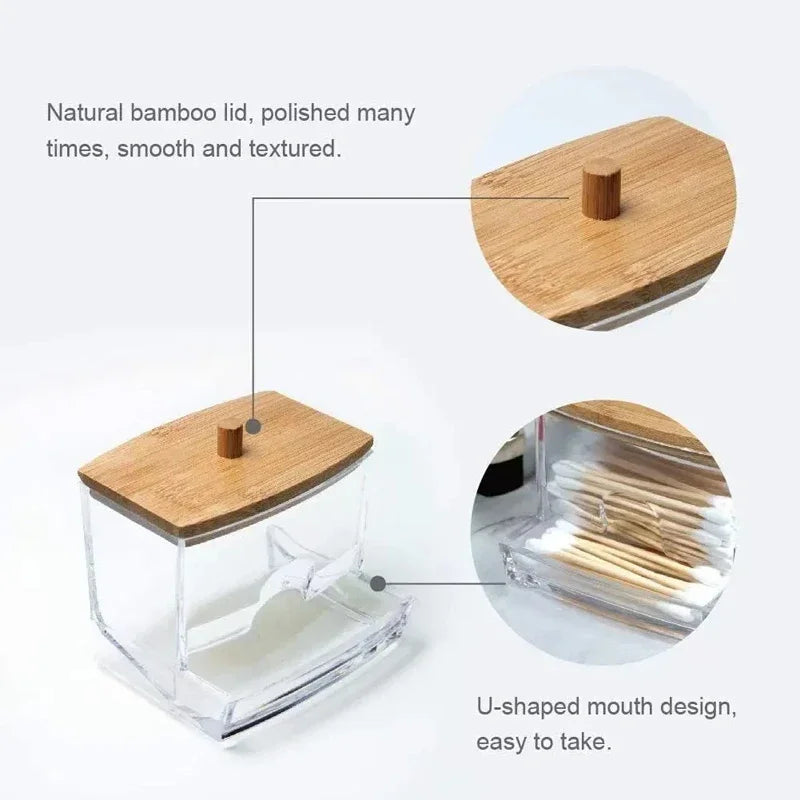 Cotton Swab & Toothpick Organizer Box – Transparent Bamboo Lid