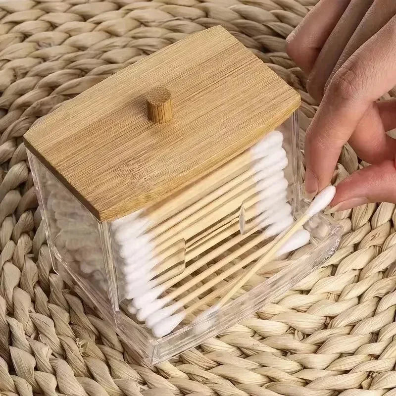 Cotton Swab & Toothpick Organizer Box – Transparent Bamboo Lid